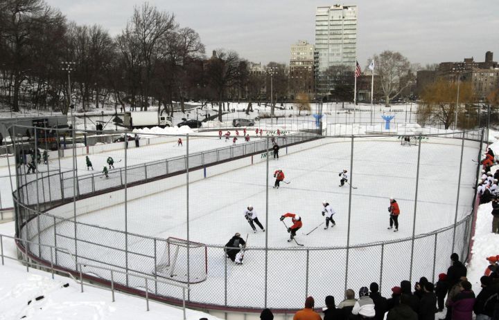 The Philadelphia Flyers NHL hockey team practices at Lasker rink in New York's Central Park, Saturday, Jan. 15, 2011.  