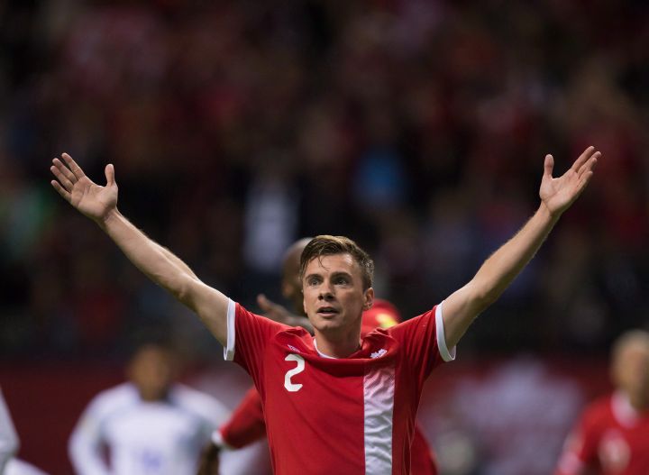 Canada's Nik Ledgerwood celebrates his goal against El Salvador during second half FIFA World Cup qualifying soccer action in Vancouver, B.C., on Tuesday September 6, 2016. 