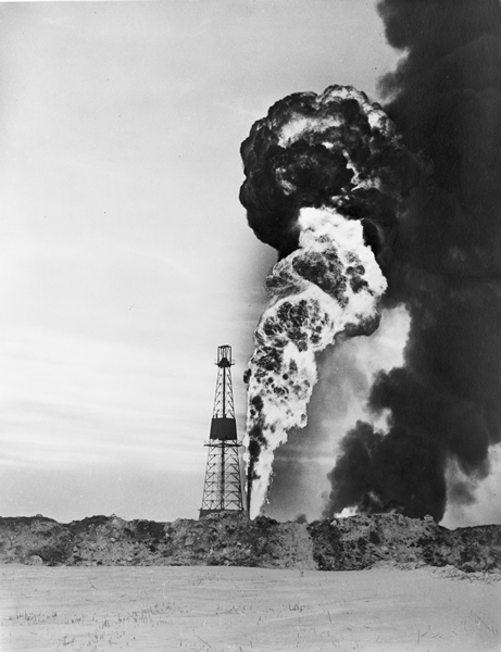 Leduc No. 1 oil well blows in with a massive fireball and smoke column near Devon, Alta. February 13, 1947. 