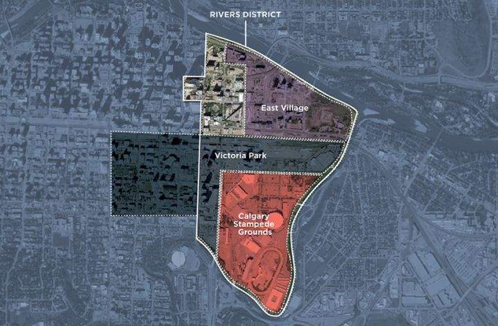 Map showing the rivers district and Victoria Park in Calgary