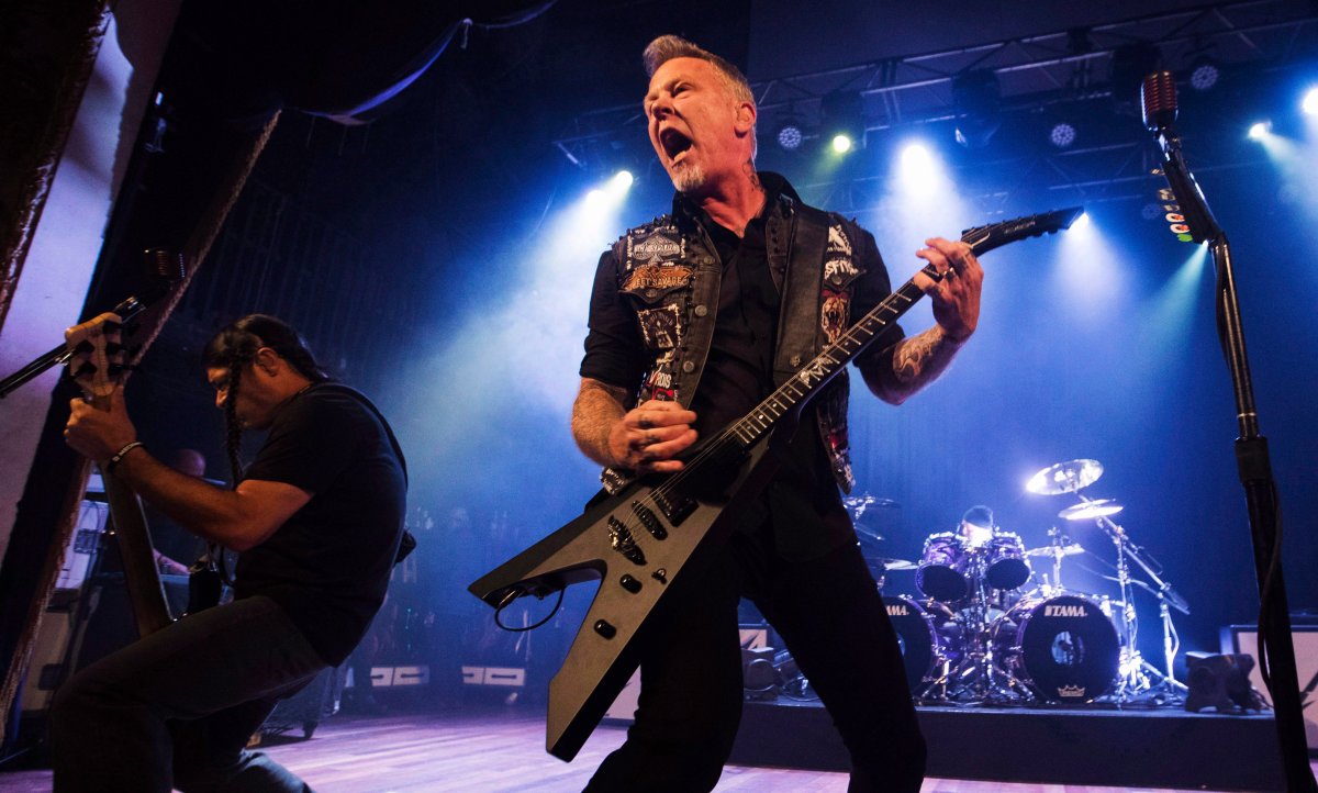 Lead singer James Hetfield and bass player Robert Trujillo, left, of Metallica play at the Opera House, a small venue with a 950 person capacity, in Toronto, Tuesday November 29, 2016. Proceeds from the show will go to The Daily Bread Food Bank, an organization that helps combat hunger. 