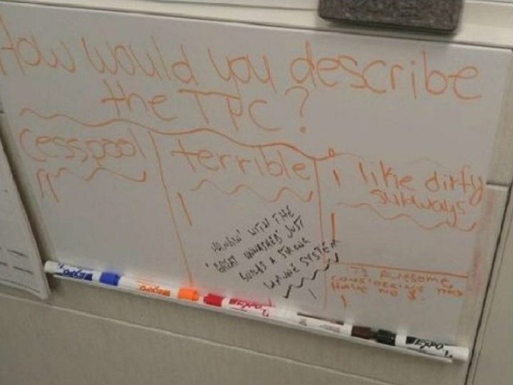 The image shows a whiteboard scribbled with the question, “How would you describe the TTC?” along with the headings “cesspool,” “terrible,” and “I like dirty subways.”.