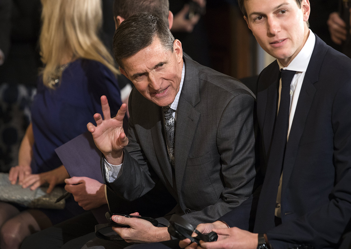 Embattled national security adviser Michael Flynn attends a press conference with U.S. President Donald Trump and Canadian Prime Minister Justin Trudeau in the East Room of the White House in Washington.