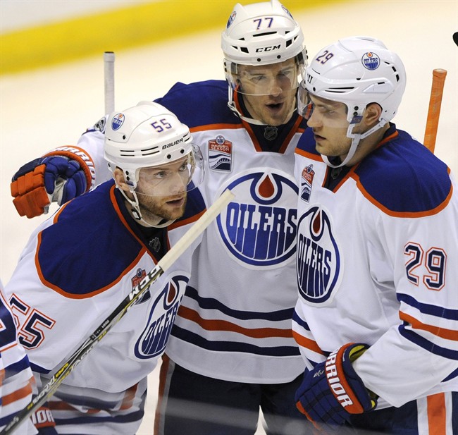 Edmonton Oilers' Oscar Klefbom (77), of Sweden, and Leon Draisaitl (29) congratulate Mark Letestu (55) after his goal against the St. Louis Blues during the second period of an NHL hockey game, Tuesday, Feb. 28, 2017, in St. Louis. 