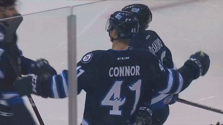 Manitoba Moose forward Kyle Connor celebrates his second period goal with teammates at MTS Centre.