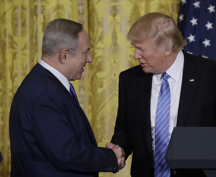 President Donald Trump and Israeli Prime Minister Benjamin Netanyahu shake hands during their joint news conference in the East Room of the White House in Washington, Wednesday, Feb. 15, 2017. 