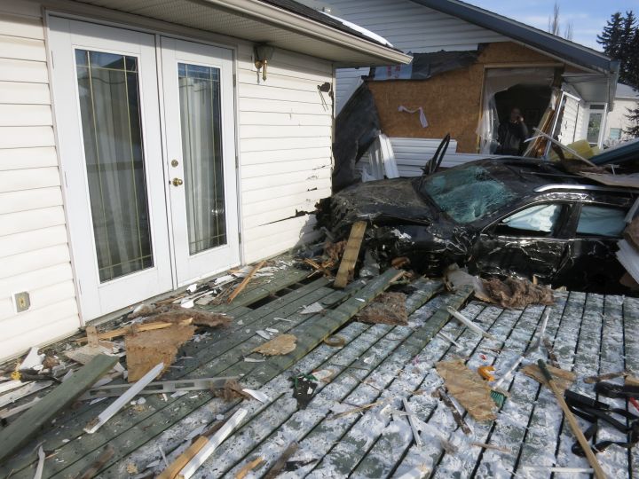 No charges are expected to be laid after a Jeep crashed into two properties in Olds, Alta. on Feb. 3, 2017.