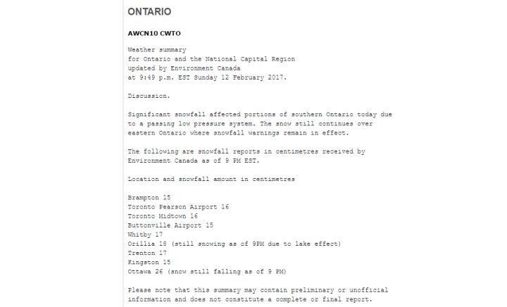 Environment Canada snowfall summary across Ontario Feb. 12, 2017.