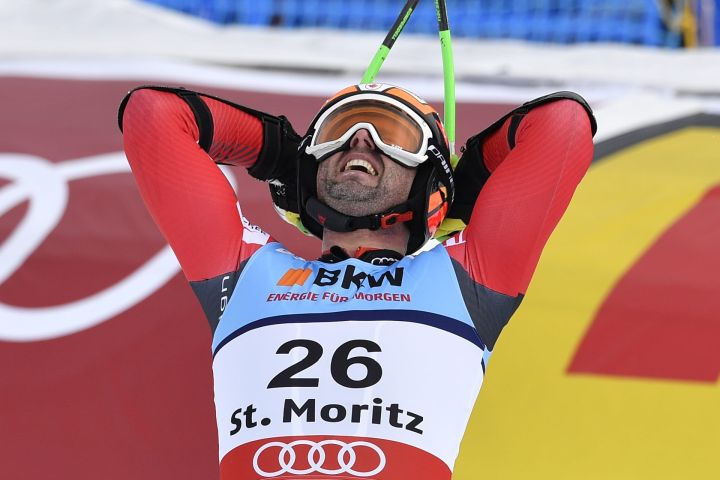 Manuel Osborne-Paradis of Canada reacts in the finish area during the men's Super-G race at the 2017 Alpine Skiing World Championships in St. Moritz, Switzerland, Wednesday, Feb. 8, 2017. 