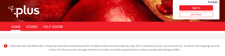 A warning message seen on the PC Plus website on Thursday.