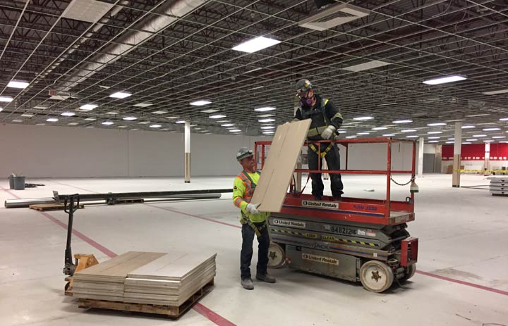 PCL Construction and Morguard Corporation team up to donate 50,000 square feet of ceiling tile from a former Target store to Greater Saskatoon Catholic Schools.