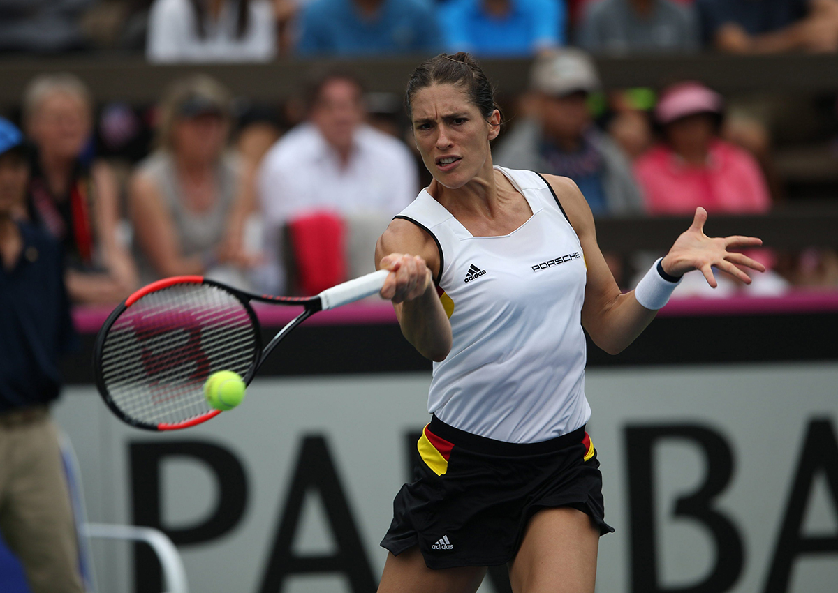 Andrea Petkovic of Germany hits a forehand during her match against Alison Riske of the USA during the Fed Cup World Group First Round.