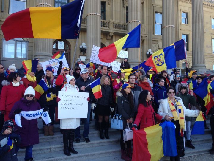 Dozens of people converged on the grounds of the Alberta legislature on Feb. 12, 2017 in solidarity with protests in Romania where people are calling on the European country's leaders to resign.