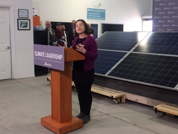 Environment Minister Shannon Phillips makes an announcement regarding a solar power rebate program Monday, Feb. 27, 2017.