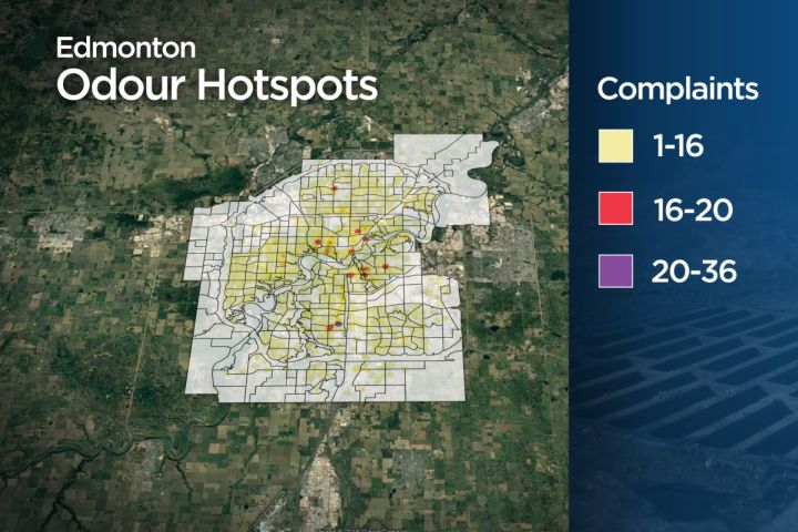 A map showing which parts of Edmonton generate the most complaints about foul odours.