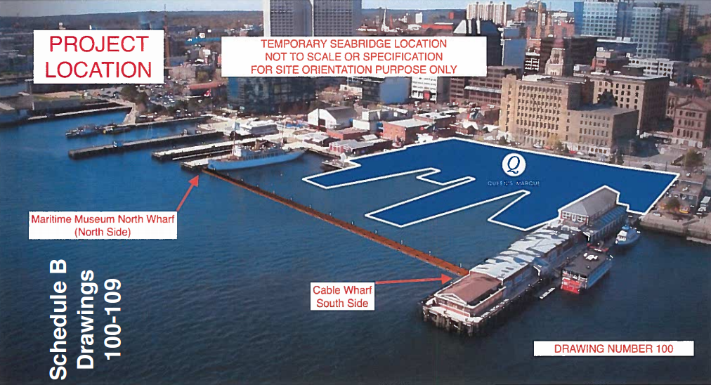 An artist's rendering of a floating bridge the Waterfront Development Corp. is hoping to build to maintain foot traffic as the Queen's Marque project is built in Halifax.