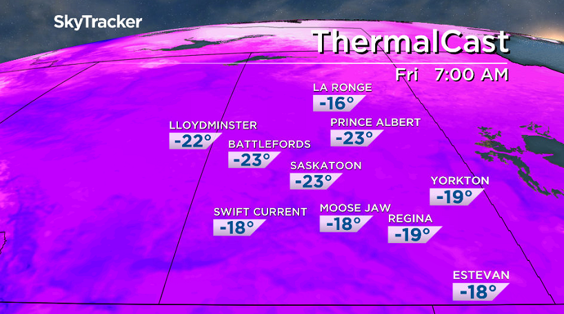 Temperatures will fall back into the -20s across central Saskatchewan Friday morning.