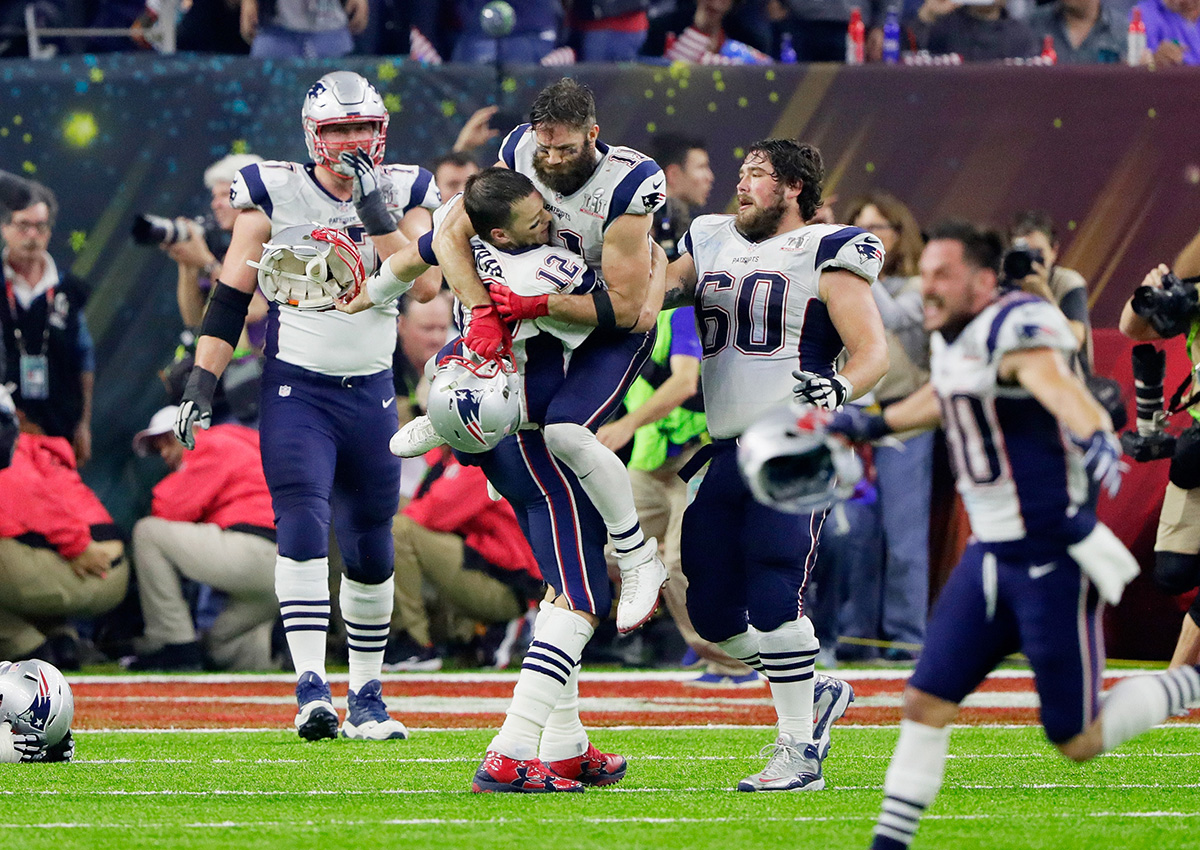  Tom Brady of the New England Patriots reacts after defeating the Atlanta Falcons 34-28 in overtime to win Super Bowl 51 at NRG Stadium on February 5, 2017 in Houston, Texas.