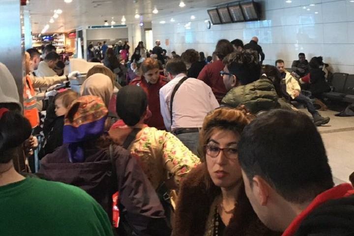 Passengers from a Turkish Airlines plane in Istanbul that was evacuated Saturday after a suspicious note was discovered in one of its bathrooms. Alex Kondakov/ Twitter.