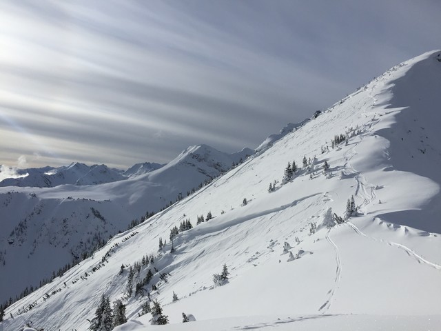 A skier on the ridge top of Mt. Pierre Elliot Trudeau, near Valemont, B.C., on February 17, 2017.