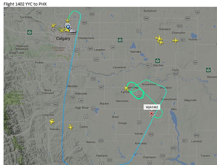 WestJet Flight 1402 was circling Calgary Thursday ahead of an emergency landing.