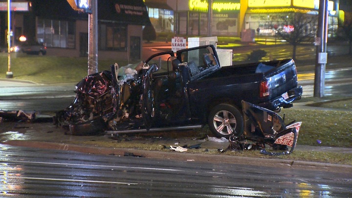 Scene of the crash between two pickup trucks in Whitby early Saturday. Jeremy Cohn/Global News.