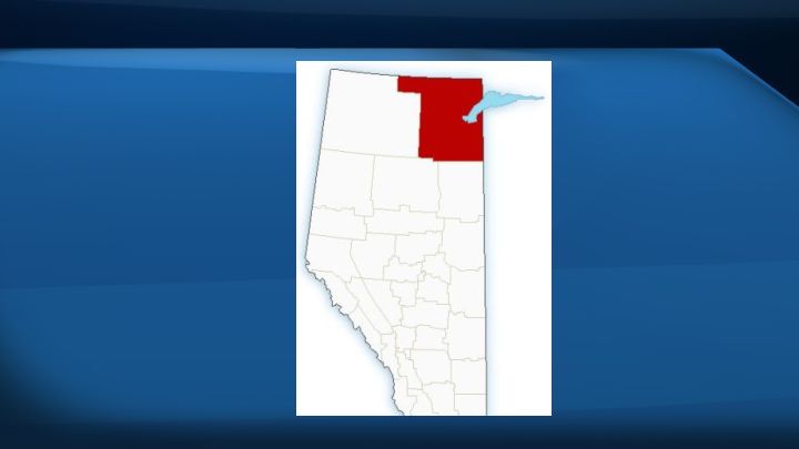 A map of Alberta with areas under an extreme cold warning highlighted in red.