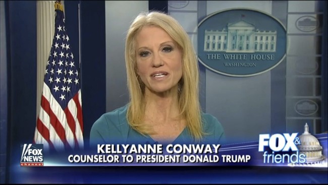This frame grab from video provided by Fox News shows White House adviser Kellyanne during her interview with Fox News Fox and Friends, Thursday, Feb. 9, 2017,.