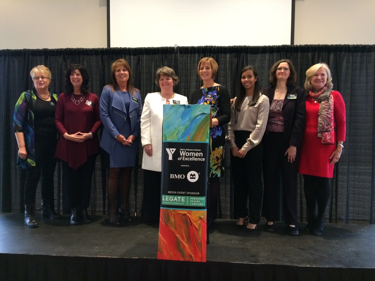 The YMCA of Western Ontario Women of Excellence for 2017: (from left to right) Mary Intven-Wallace, Michelle Quintyn, Kathy Parker, Laurie Lashbrook, Vickie Croley, Andrea Barker, Dr. Marina Salvadori, Lynne Cram.