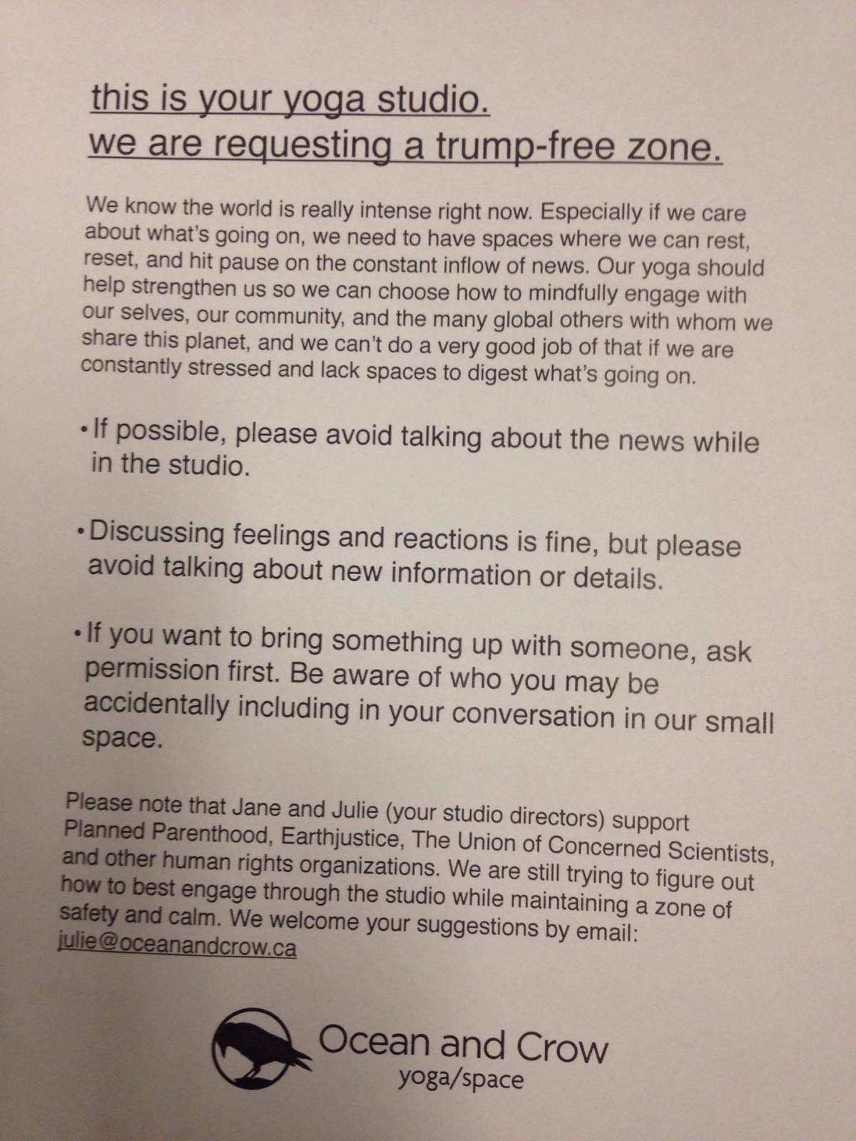 Vancouver yoga studio promises Trump-free zen - image
