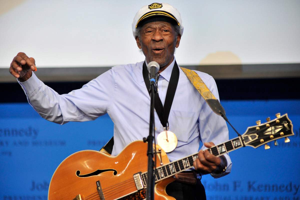 Musician Chuck Berry plays his 1958 hit “Johnny B. Goode” in 2012 at the John F. Kennedy Presidential Library and Museum in Boston.