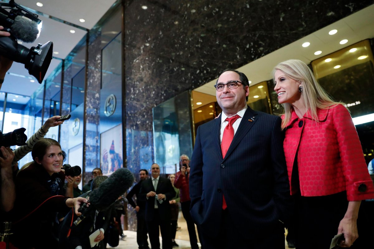 George Gigicos and Kellyanne Conway, campaign manager for President-elect Donald Trump, talk with media at Trump Tower, Thursday, Nov. 17, 2016, in New York.