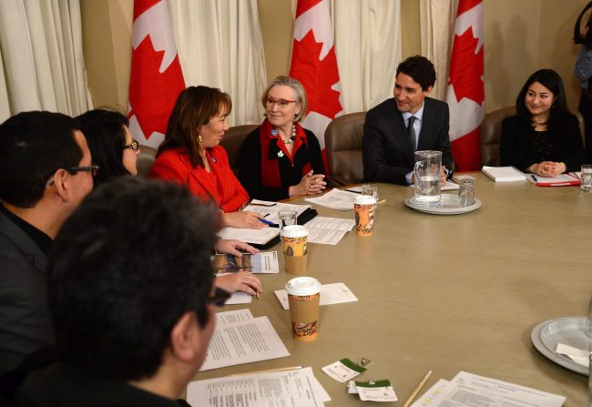 Prime Minister Justin Trudeau meets with the Native Women's Association on Parliament Hill in Ottawa on Wednesday, Jan 11, 2017. 