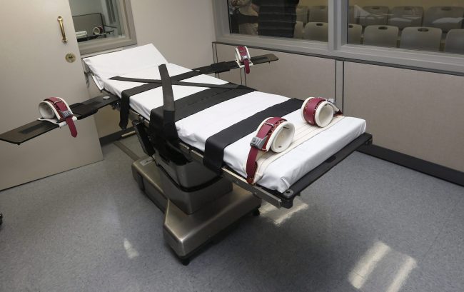 This Oct. 9, 2014, file photo shows the gurney in the execution chamber at the Oklahoma State Penitentiary in McAlester, Okla. 
