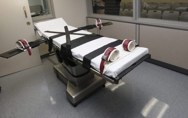 This Oct. 9, 2014, file photo shows the gurney in the execution chamber at the Oklahoma State Penitentiary in McAlester, Okla. 
