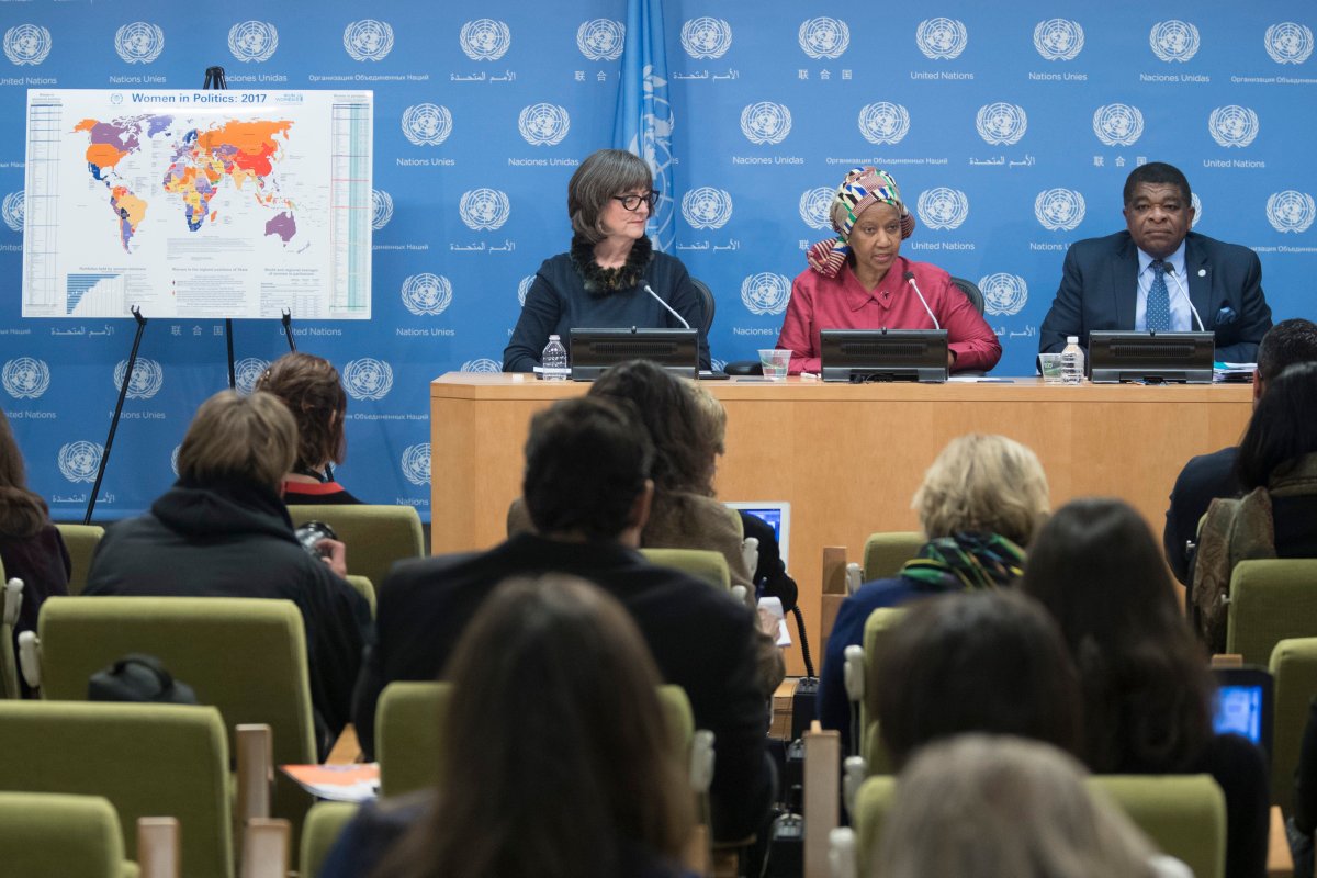 Phumzile Mlambo-Ngcuka, center, Executive Director, UN Women, is joined by Martin Chungong, right, Secretary General, Inter-Parliamentary Union, and moderator Paddy Torsney, Permanent Observer to the UN, as she speaks to reporters during a news conference, Wednesday, March 15, 2017 at UN headquarters. 