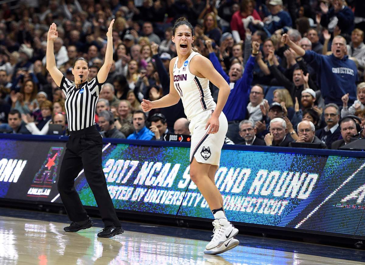 Connecticut's Kia Nurse reacts after hitting a 3-point basket in the first half of a second-round game against Syracuse in the NCAA women's college basketball tournament, Monday, March 20, 2017, in Storrs, Conn. 