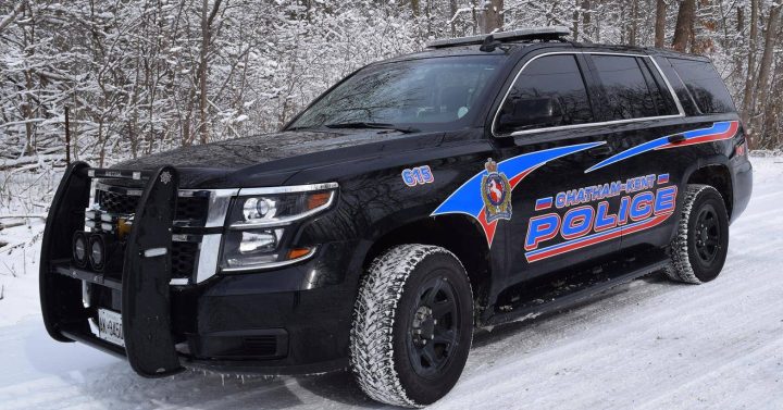 A Chatham-Kent Police Service vehicle on a snowy road.