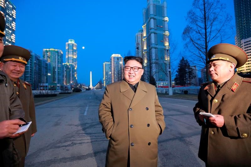 North Korean leader Kim Jong Un provides field guidance at the construction site of Ryomyong Street in this undated picture provided by KCNA in Pyongyang on March 16, 2017. KCNA/via Reuters.