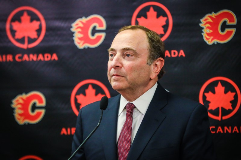Calgary, Alberta, CAN; NHL commissioner Gary Bettman during an interview prior to the game between the Calgary Flames and the Boston Bruins at Scotiabank Saddledome. 