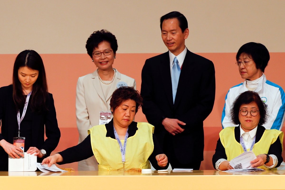 Carrie Lam (second from the left) became Hong Kong's first female leader on March 26, 2017.   