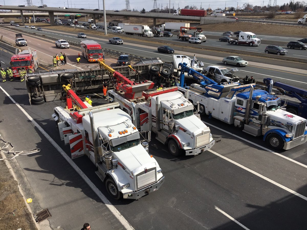 A tractor trailer rolled over on the southbound Hwy. 427 off-ramp to the westbound Hwy. 401 lanes Friday afternoon.