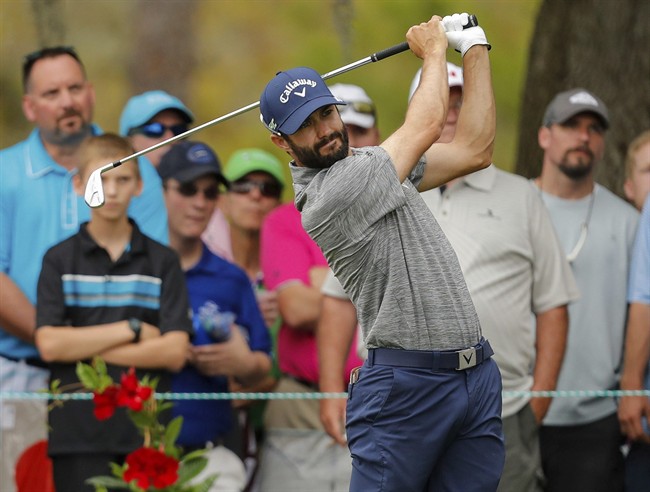 Adam Hadwin tees off on the second hole during the final round of the Valspar Championship golf tournament Sunday, March 12, 2017, at Innisbrook in Palm Harbor, Fla.