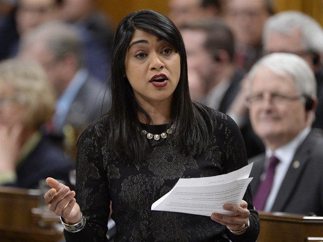 Government House Leader Bardish Chagger answers a question during Question Period in the House of Commons in Ottawa, Thursday, March 23, 2017. 
