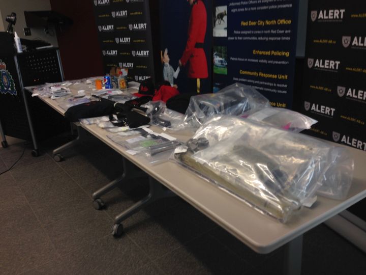 Items seized from an ALERT bust in Red Deer, presented to reporters March 14, 2017.