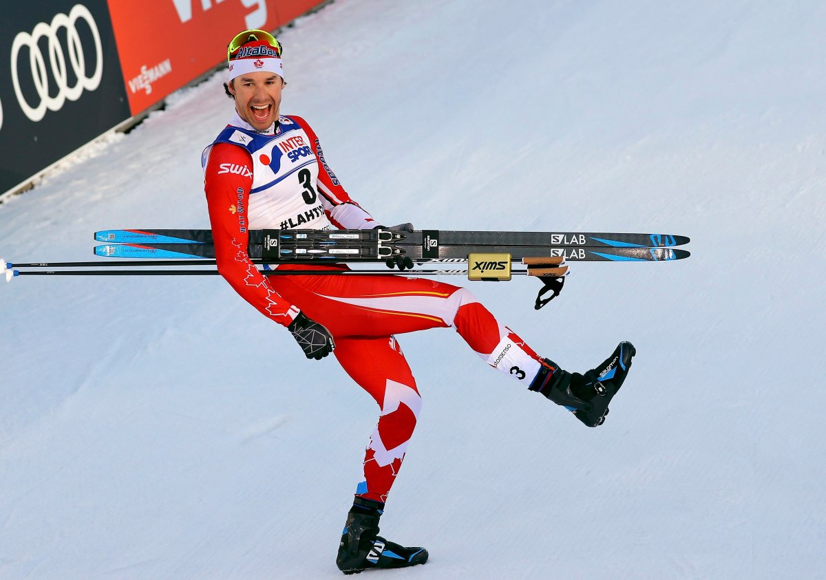 Canada's Alex Harvey celebrates winning the Men's Cross-Country 50 km at the FIS Nordic Ski World Championships in Lahti, Finland.