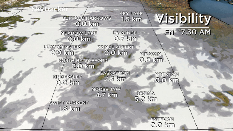 Visibility will be reduced to near zero at times in central Saskatchewan Friday morning.