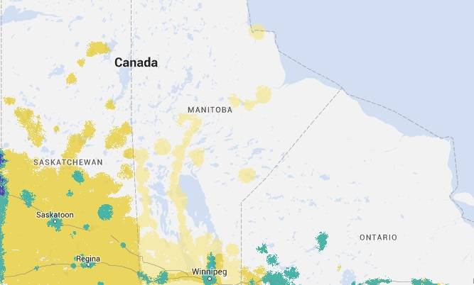 Bell wireless coverage in Manitoba, which includes 4G LTE, 4G HSPA+ and extended.