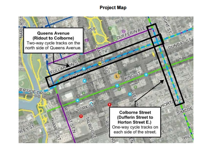 The project map for possible bike lanes downtown.