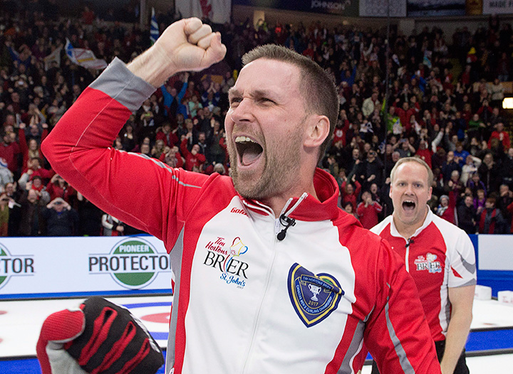 Newfoundland and Labrador skip Brad Gushue reacts after defeating Team Canada 7-6 to win the Tim Hortons Brier curling championship at Mile One Centre in St. John's on Sunday, March 12, 2017. 